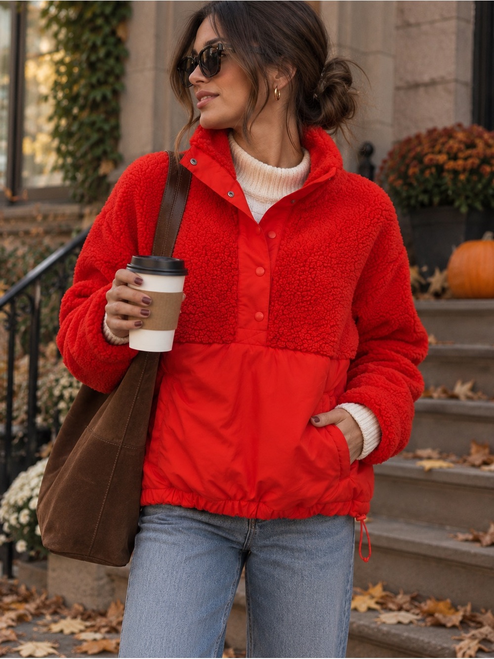 Lou & Grey Red Sherpa Fleece Pullover Jacket Teddy Gorpcore XXS XS